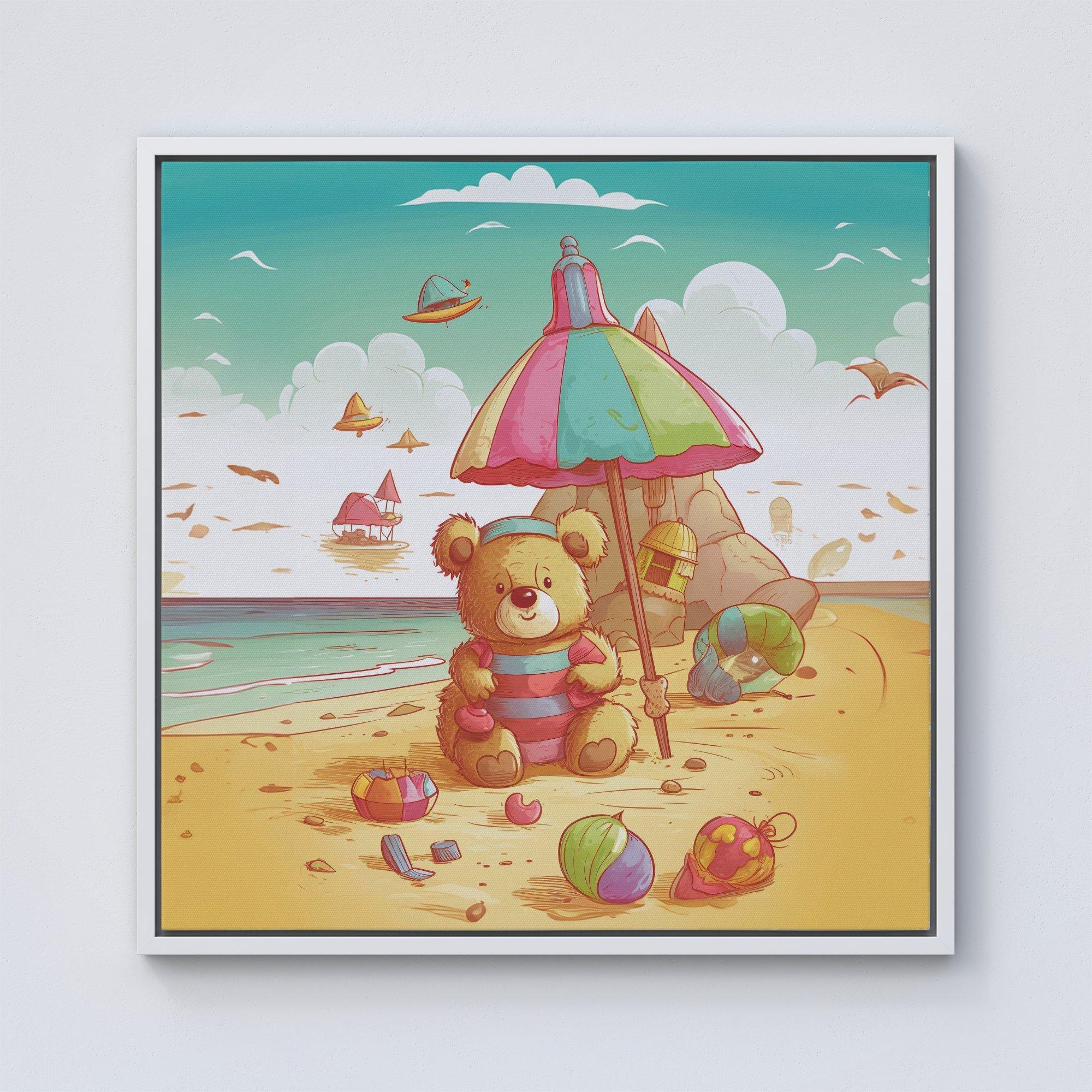 Lucky Teddy Bear On A Beach Holiday Framed Canvas